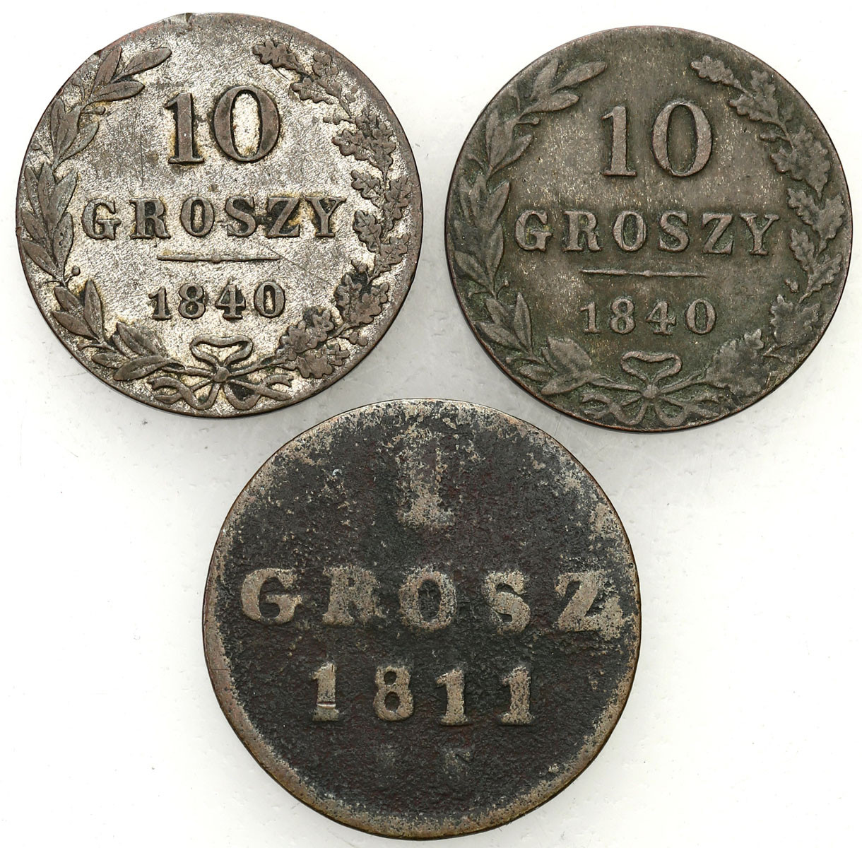 Polska XIX wiek. 2 x 10 groszy 1840 MW, Grosz 1811 IS, Warszawa, zestaw 3 monet